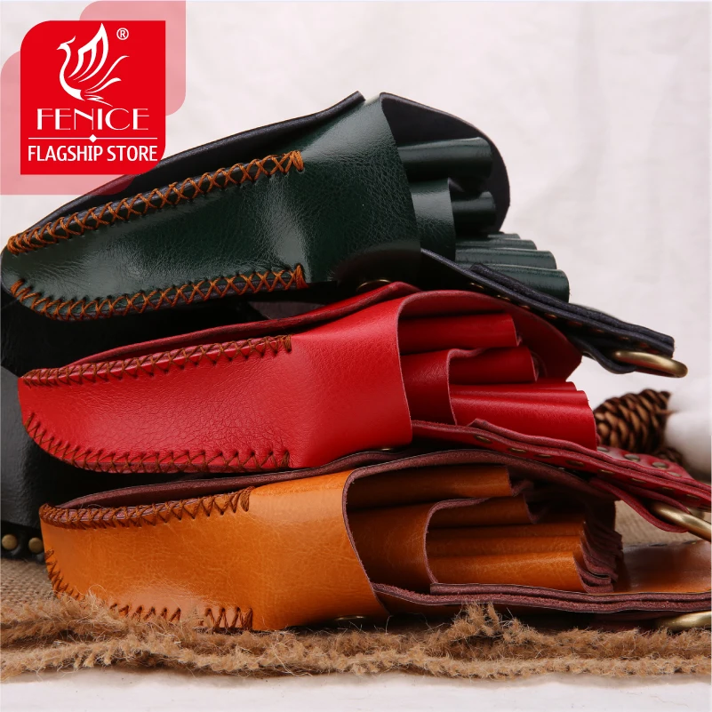 Fenice High Quality Vintage  Leather Case Hairdressing Barber Salon Holster Pouch Styling Tools 7 Hair Scissors Bag