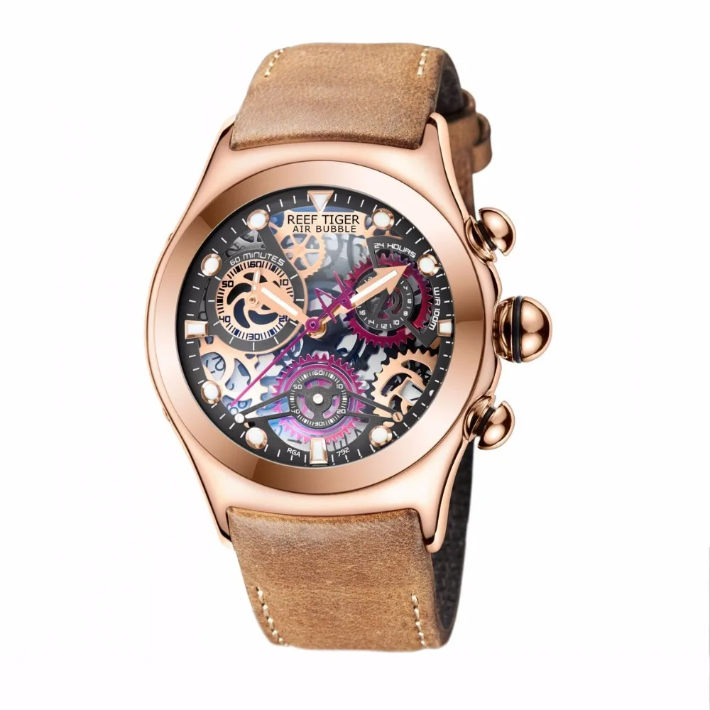 Men's Reef Tiger RT Skeleton Sport Watch Rose Gold Luminous Quartz Movement Genuine Leather Strap RGA792