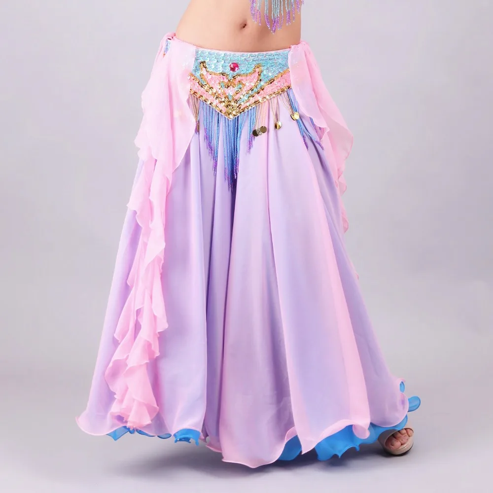 Belly Dance Skirts Women Floor-Length 2 Layer Chiffon Belly Dance Costume Skirt Oriental Costume Skirt Bellydance(Without Belt)