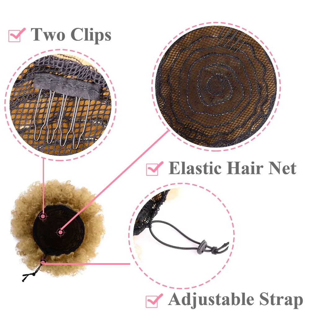 Silike-Sintético Curto Afro Puff Cabelo Bun, Alta Temperatura, Urdidura De Cordão, Cauda De Pônei, Grampo na Extensão Do Cabelo, Cabelo Encaracolado