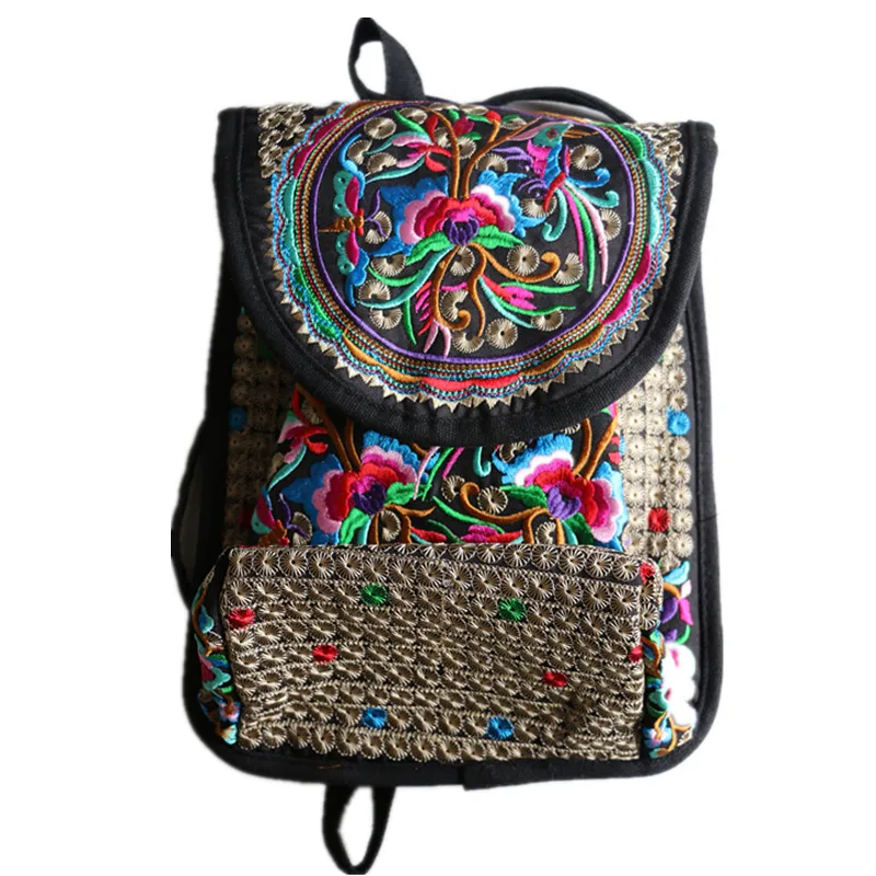 Vintage Backpack Fashion Cute Bag for Saunter Chinese Yunnan Girls\' Flower Embroidered Traditional Ethnic Style Women Canvas CR