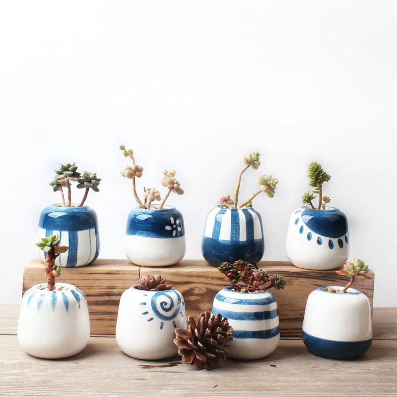 

Pack of 8pcs Cerulean Blue Mini Ceramic Planters for Succulents Cactus Plants Handmade Porcelain Pots Tabletop Home Decor