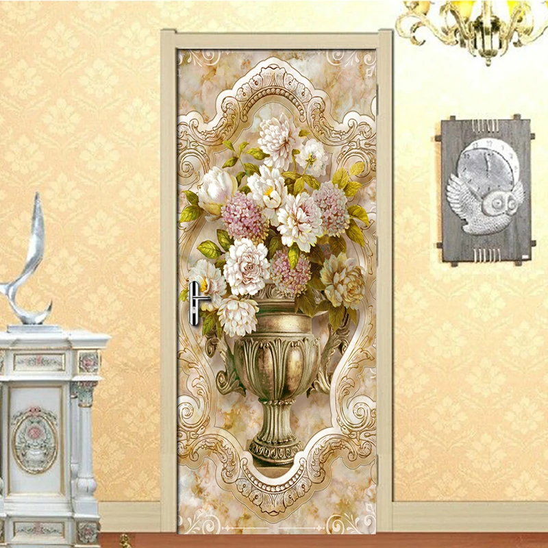 

Floral Flowers Vase 3D Door Stickers Home Decor Living Room Bedroom Door Decoration Creative Removable Self-Adhesive Wallpaper