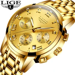 LIGE Mens Watches Top Brand Luxury Fashion Quartz Gold Watch Men's Business Stainless Steel Waterproof Clock Relogio Masculino