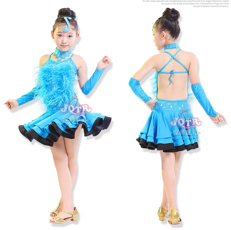 

New 2017 Children Kids Sequin Feather Fringe Stage Performance Competition Ballroom Dance Costume Latin Dance Dress For Girls