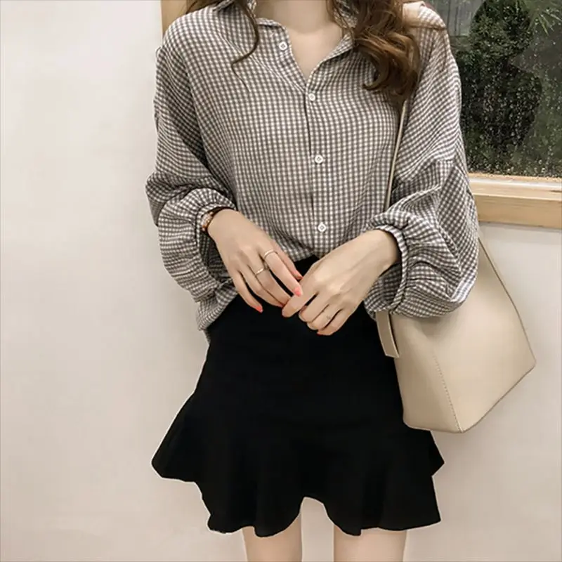 Wanita Blusas Musim Semi Musim Gugur Blus Kantor Wanita Slim Hitam Kemeja Wanita Lentera Lengan Panjang Blus Plus Ukuran Tops Kemeja Kasual