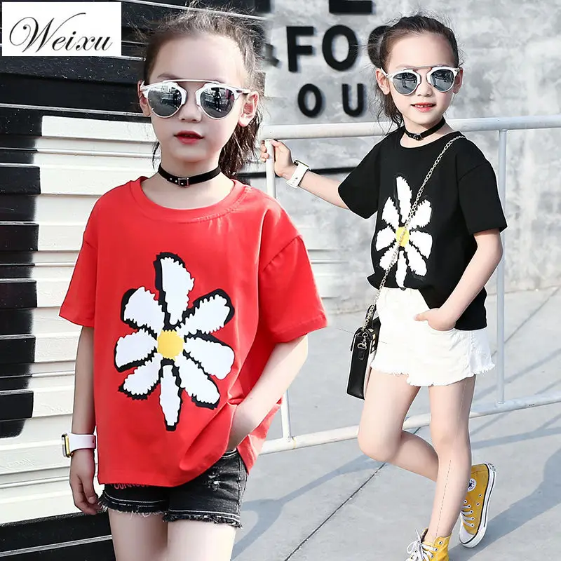 

Weixu New Children's Summer Clothing 3D Flower Print T-shirt For Girls Kids Red Cotton Blouse Baby Girl Short Sleeve Top Clothes