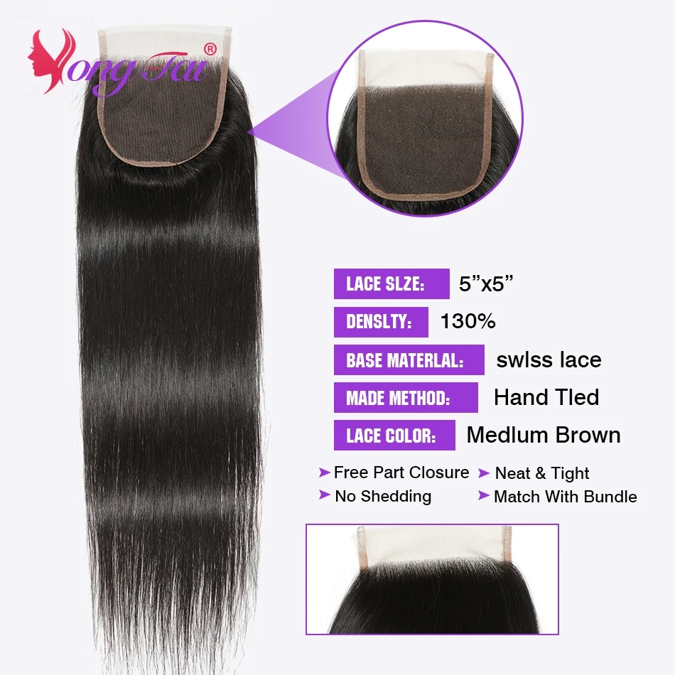 5X5 Vetersluiting Braziliaanse Rechte 100% Human Hair Sluiting Met Zwitserse Kant Sluiting Niet Remy Natuurlijke Kleur Yuyongtai Haar