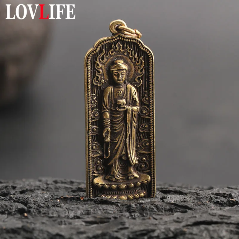 Copper Buddha Keychain Pendant Buddhism Mantra Pendants Necklace Brass Key Chains Vintage Swastika Om Mani Padme Hum Amulet Gift