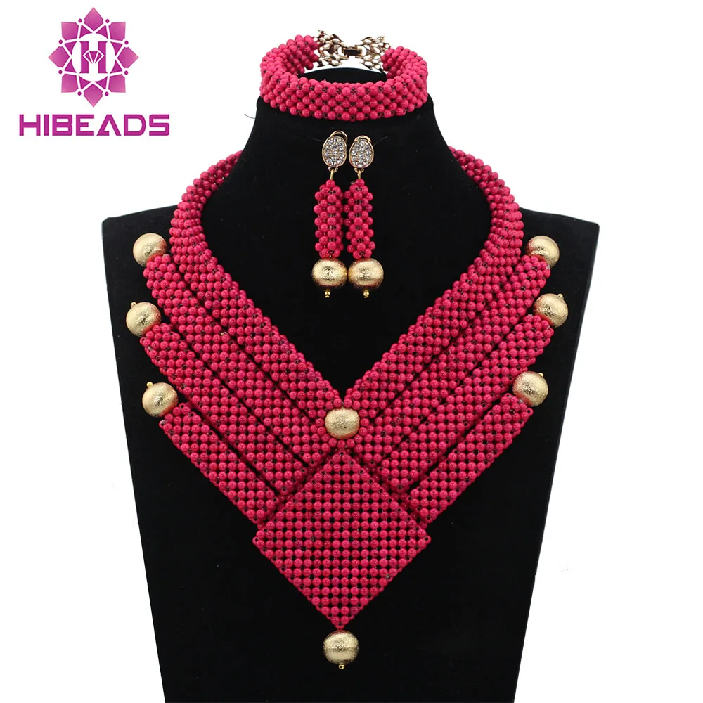 

Fuchsia Beads Fushia Pink Trendy African Jewelry Bead Set Unique Design Indian Wedding Beads Jewerly Sets Free ShippingABL976