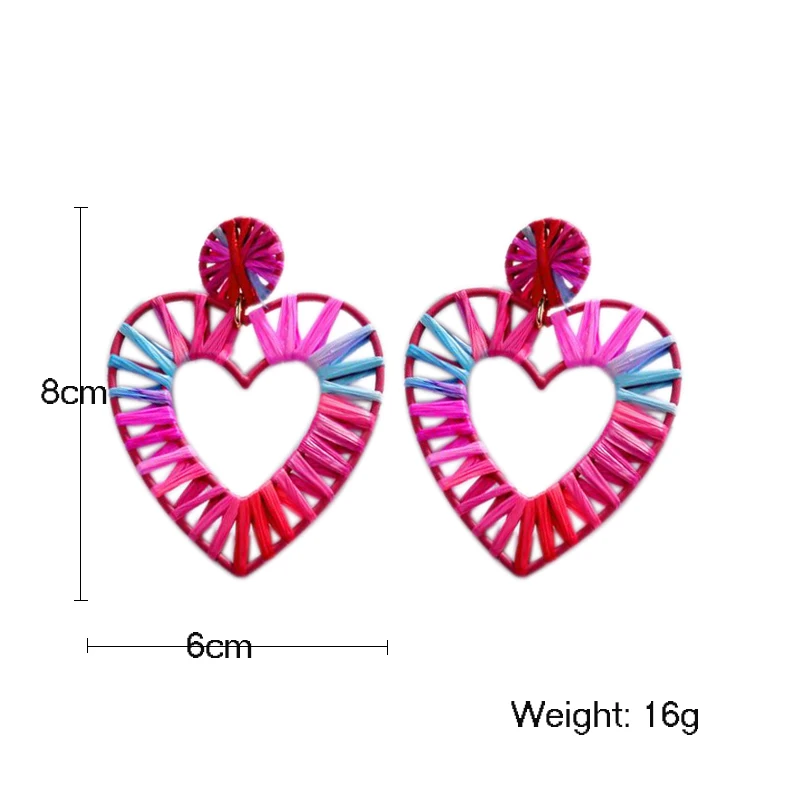 Amaiyllis Big Heart Stud Earrings For Women Handmade Rafia Grass Weaving Hollow Geometric Earrings Boho Beach Statement Earrings