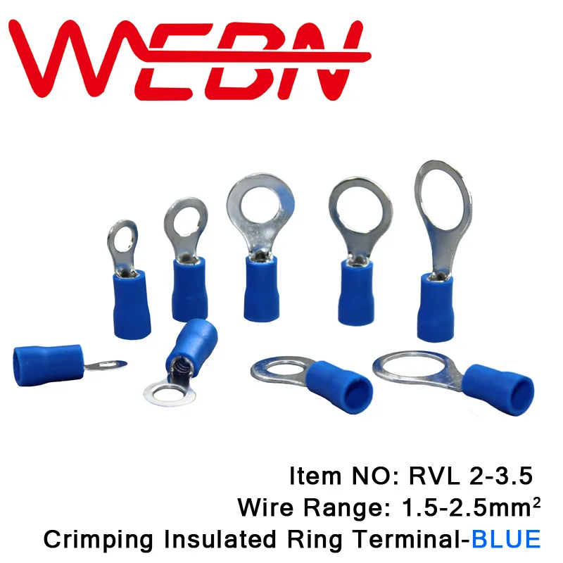 

RVL2-3.5 Crimping Insulated Ring Terminal 0.8mm Thick Copper&PVC Material Blue for Wire Range 1.5-2.5mm2 16-14 AWG 1000pcs/Pack