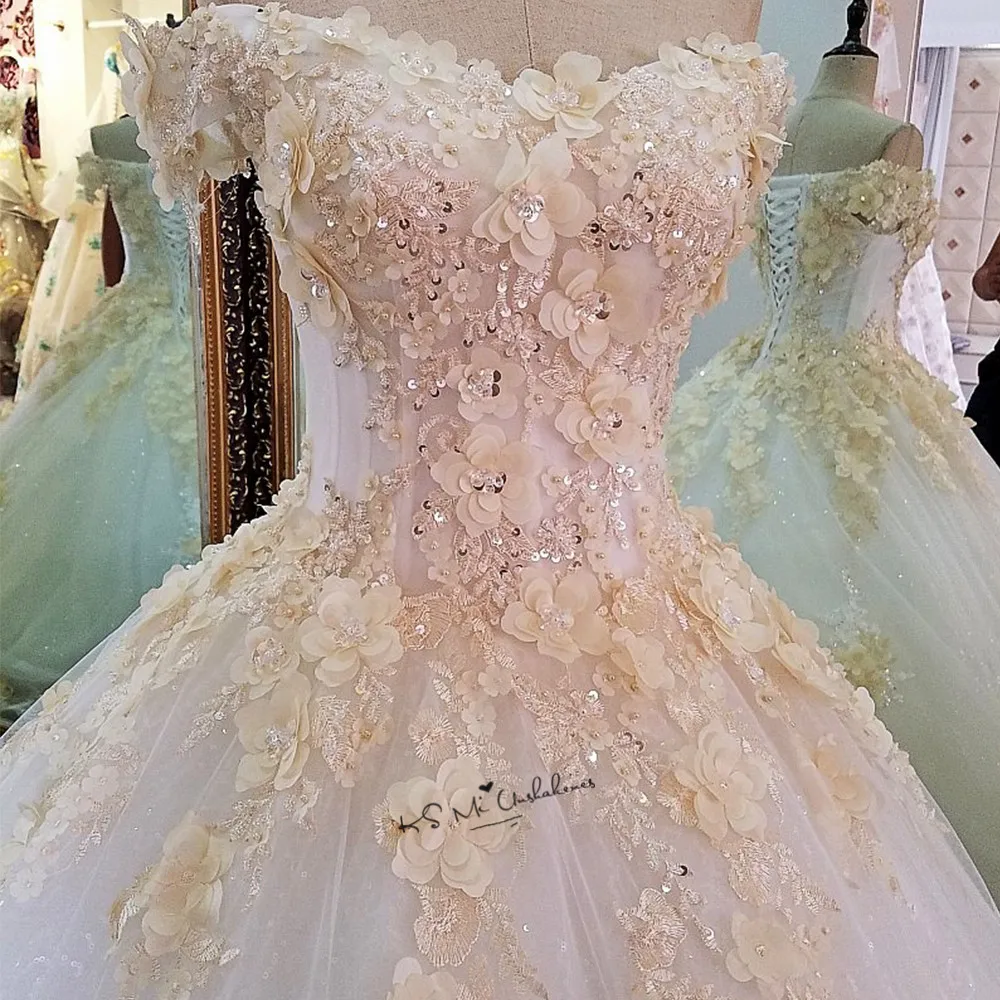 Champagne Hoa Nhĩ Kỳ Vintage Áo Cưới 2018 Phồng Bầu Cô Dâu Váy Đầm Vestido De Noiva Ren Plus Kích Thước Áo Cưới