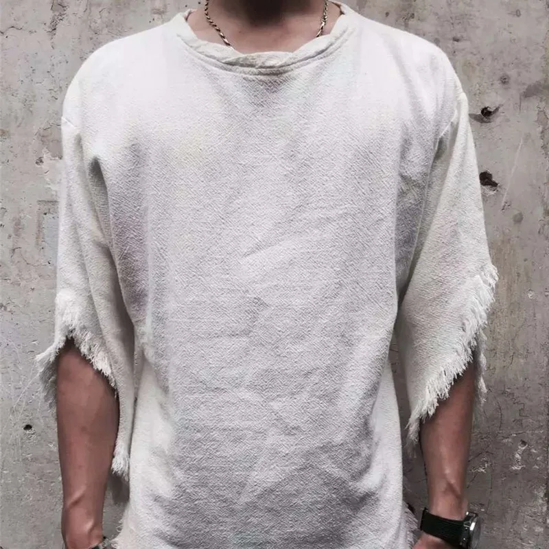 Summer Men Solid Color Irregular T-shirt Fashion Tassels Trimming Linen Tees Male O Neck Harajuku T-shirts White Tops Streetwear