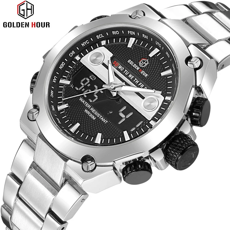 

GOLDENHOUR Men Fashion Military Stainless Steel Date Sport Quartz Analog Digital Wrist Watch Waterproof LED Display Male Clock