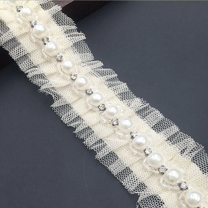 1 yard 1.5cm Ivory Pearl Beaded Handmade Lace Edge Trims Wedding Dress Belt Sash Ribbon Bridal Applique Fabric Sewing Craft DIY