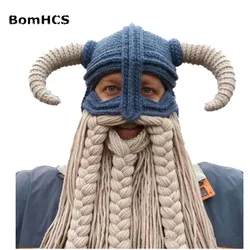 BomHCS Vikings Beanies Beard Horn Hats Handmade Knitted Caps Men's Women Birthday Cool Gifts Party Mask