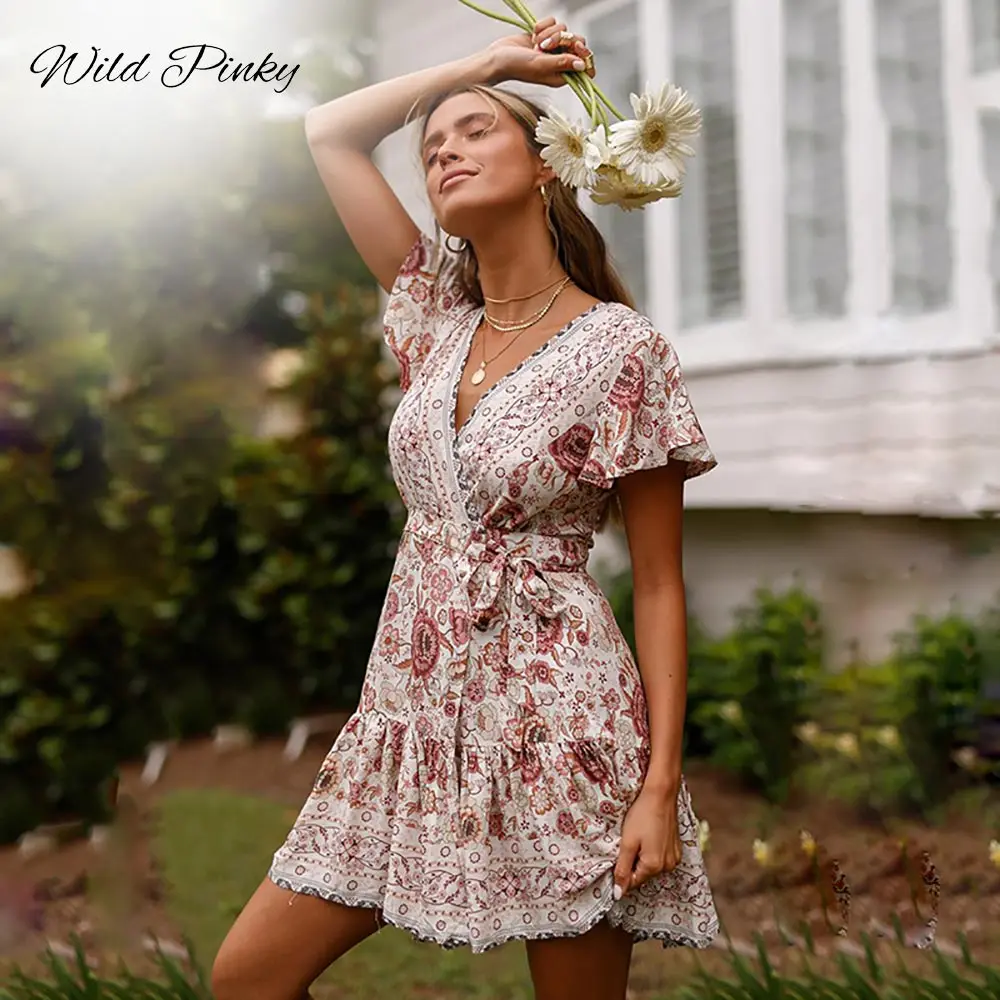 Wildpinky Bohemian Bloemen Mini Vrouwen Zomer Jurk Festa V-hals Ruches Bandage Jurk Vrouwelijke 2022 Elegante Holiday Beach Zonnejurk