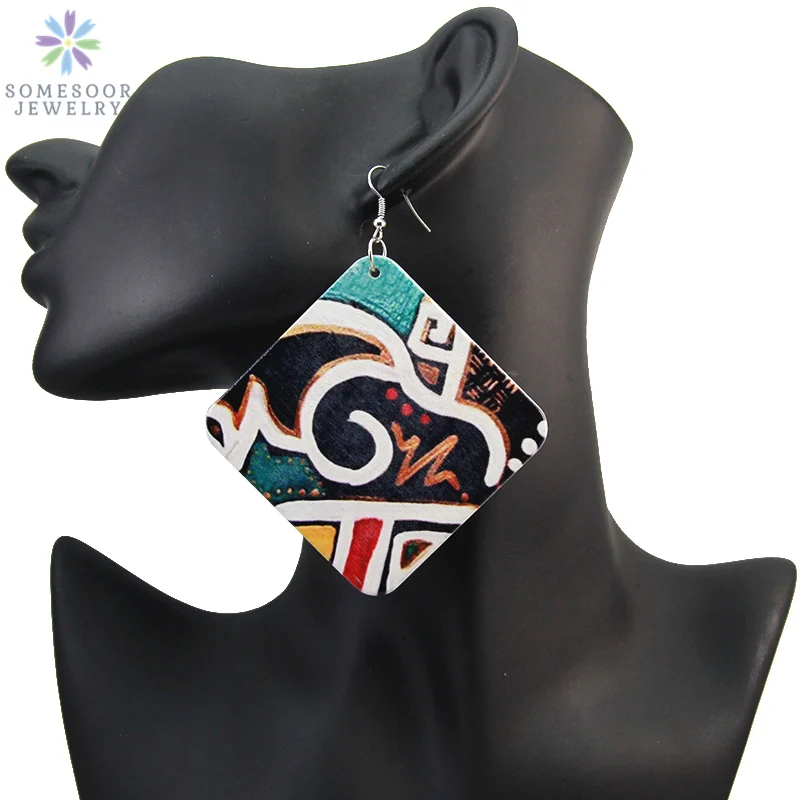 SOMESOOR 5cm Flat Ancient African Wooden Drop Earrings Afrocentric Ethnic Tribal Bohemian Printed Wood Jewelry For Black Women