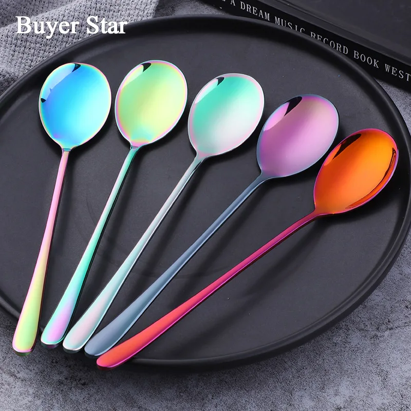 

4 pcs Buyer Star Dream Color Spoon Stirring Rainbow Stainless Steel Long Handle Ice Cream Dessert Tea Spoon For Dinner Scoop