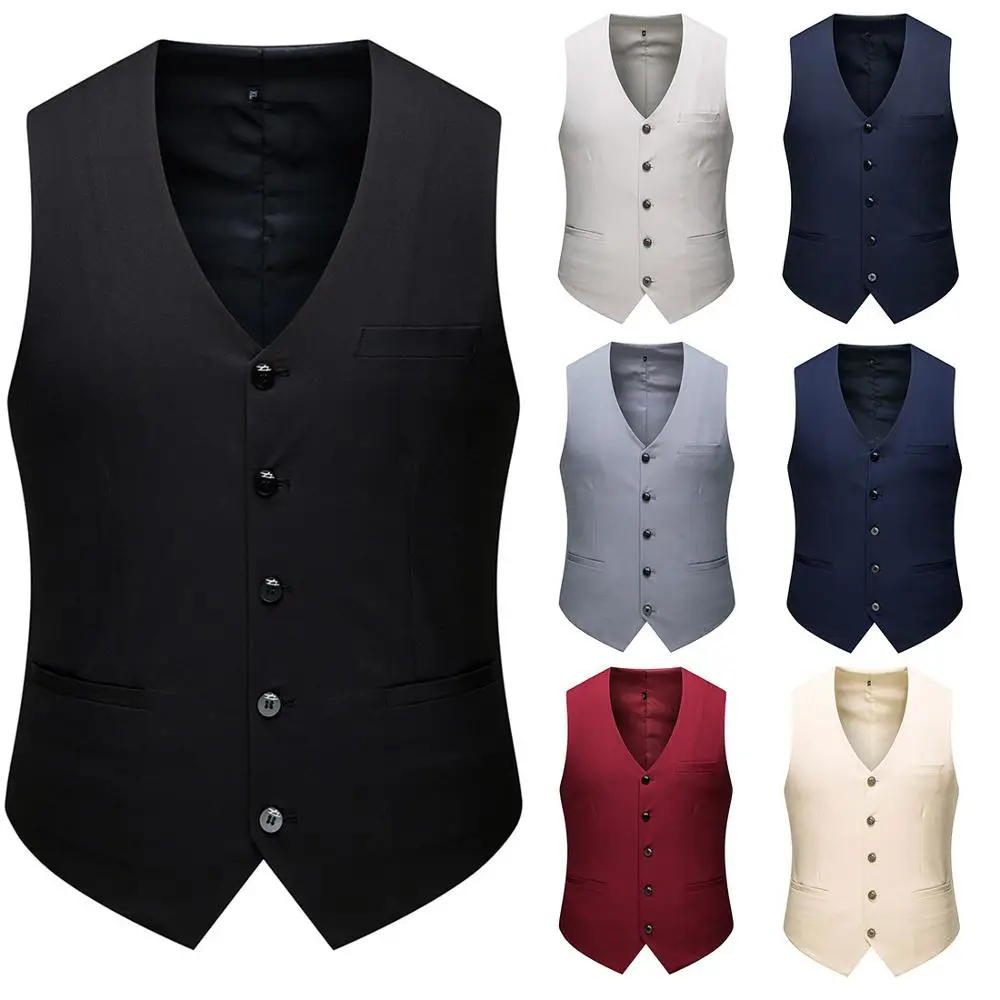 COLDKER Men\'s V-Neck Sleeveless Slim Fit Jacket Casual Vests For Men Blazer Suit Male Waistcoat Black Grey Navy Blue