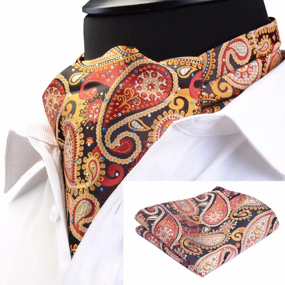 GUSLESON Fashion Brand Men Handkerchief Cravat Set Silk Paisley Pattern Gentlemen Dots Tie Wedding Ascot Bowtie Tuxedo