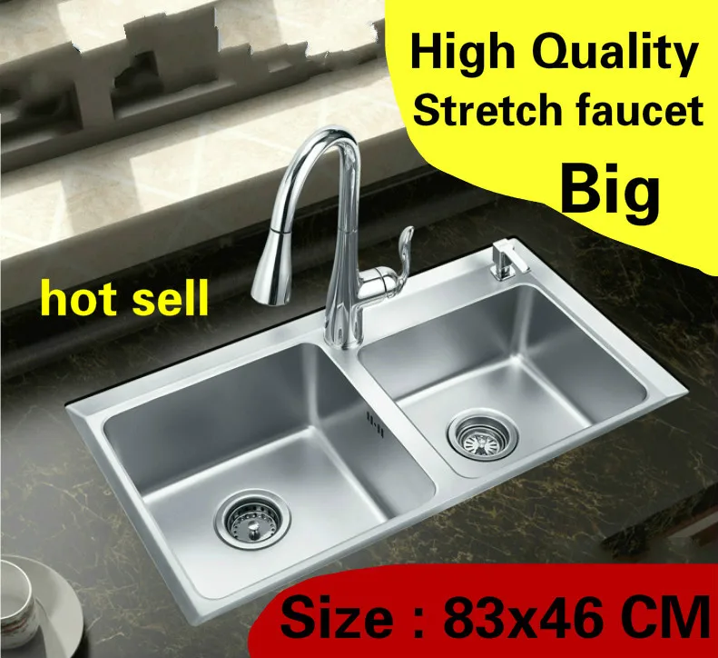 Free shipping Home wash vegetables vogue high quality stretch faucet kitchen double groove sink 304 stainless steel 830x460 MM