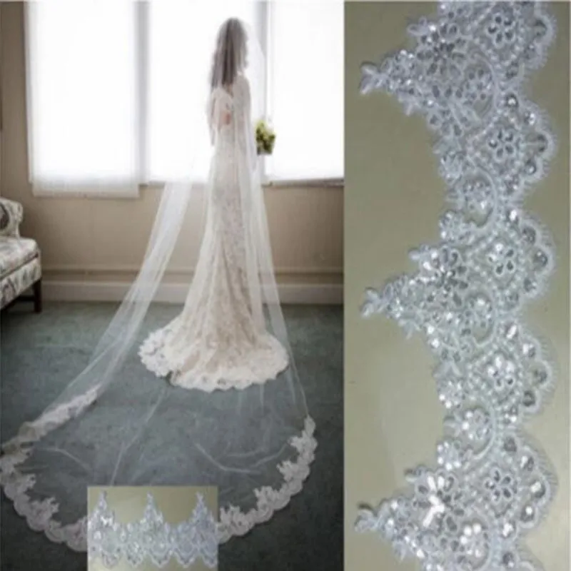 

Real Image Wedding Veils 3M One Layer White Ivory Lace Applique Sequins Edge Cathedral Length Free Comb Custom Made Bridal Veil