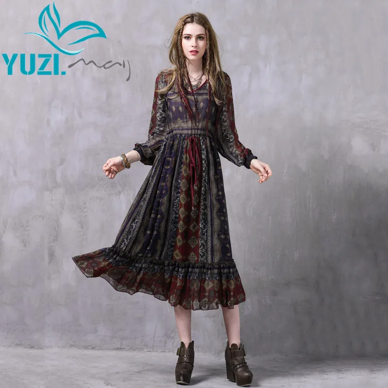 2017 Summer Dress Yuzi.may Boho New Chiffon Vestidos Long Sleeve V-Neck Floral Print High Waist Maxi Beach Dresses A8218 Vestido