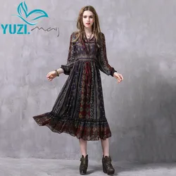 2017 Summer Dress Yuzi.may Boho New Chiffon Vestidos Long Sleeve V-Neck Floral Print High Waist Maxi Beach Dresses A8218 Vestido