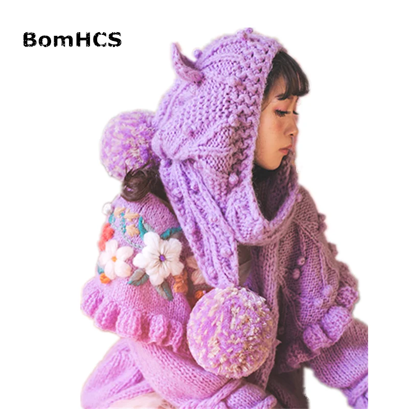 BomHCS Cute Big Hat with Scarf Winter Women Beautiful Beanie Scarf 100% Handmade Knitted(without Gloves)