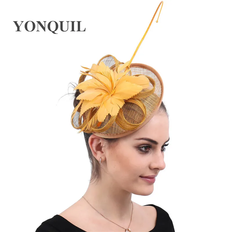 

Women Gold Wedding Hats Sinamay Fascinators Headbands Female Party Headwear Bridal Royal Flower Feathers Hair Accessories SYF581