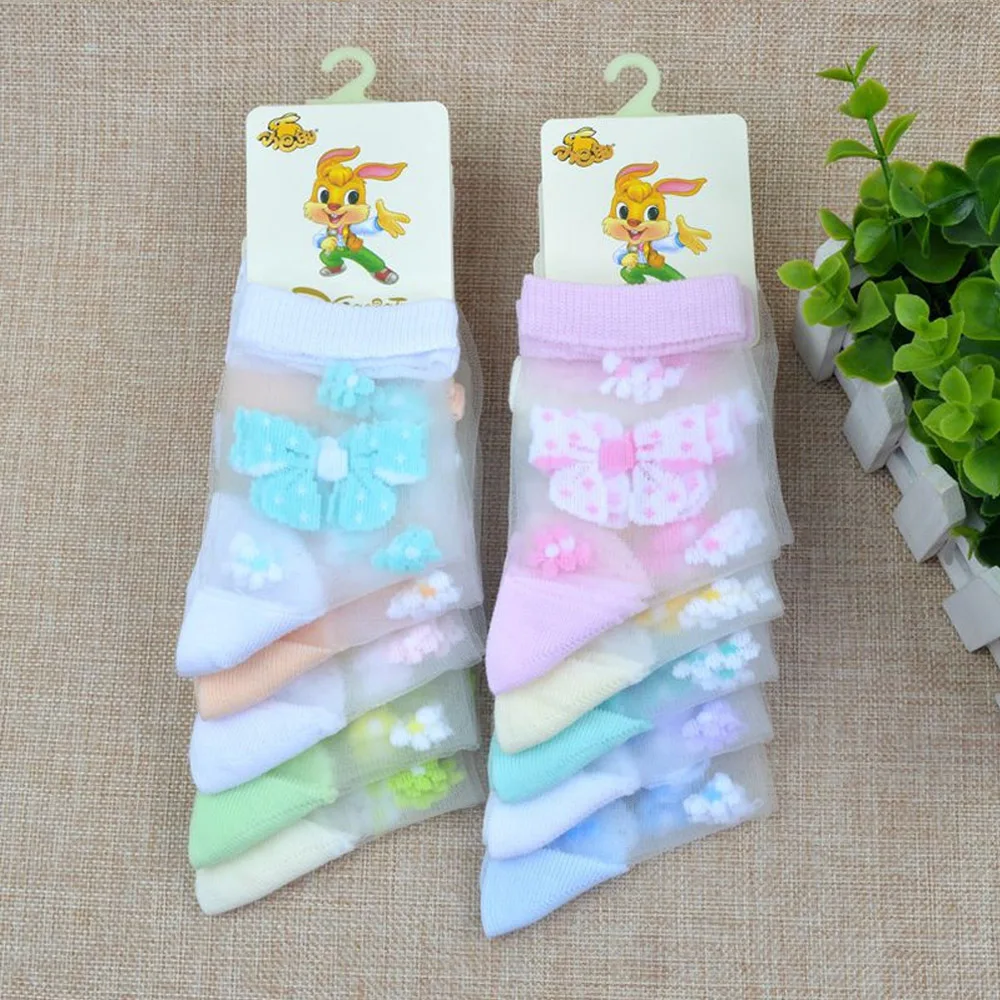 4 Pairs Girls Socks 2024 New Summer Glass Silk Butterfly Strawberry Flower Lace Children Socks 0-11 Year Kids Socks For Girls