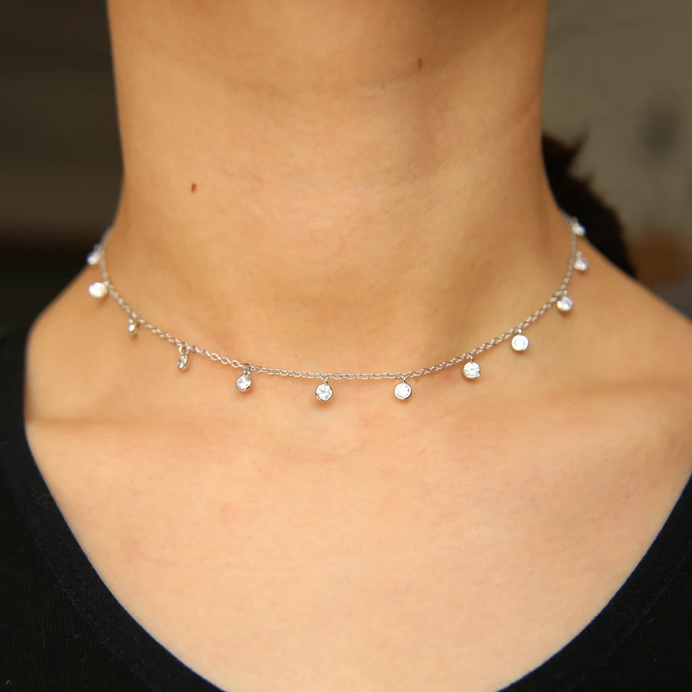 High Quality Delicate Sparking CZ Short Necklace Minimalist Drop Cz Charm Link Chain 32+8cm Choker Layer Womens Collier Jewelry