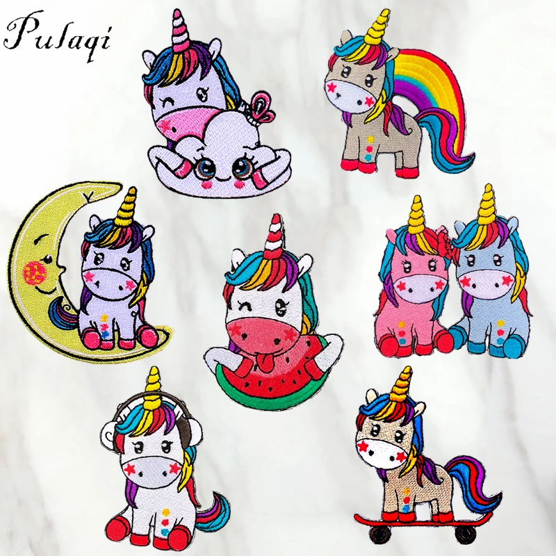 Pulaqi Cartoon Rainbow Unicorn Patch Badges Iron On Patches Cute DIY Embroidery Patches For Kids T-shirt Printing Sticker