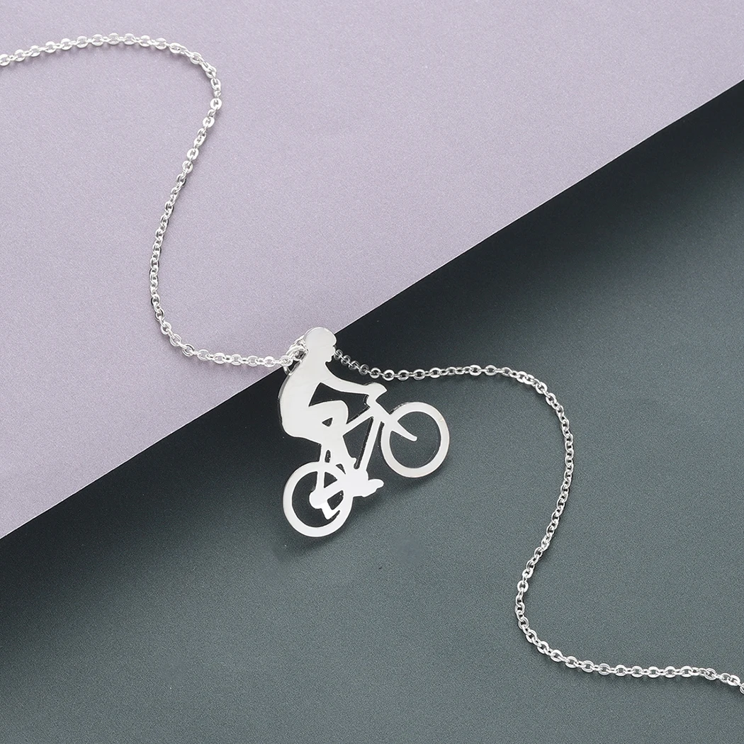 Kinitial Fashion Charm Bicycle Bike Rider Pendant Necklace for Mens Women Stainless Steel Chian Necklaces Jewelry collares