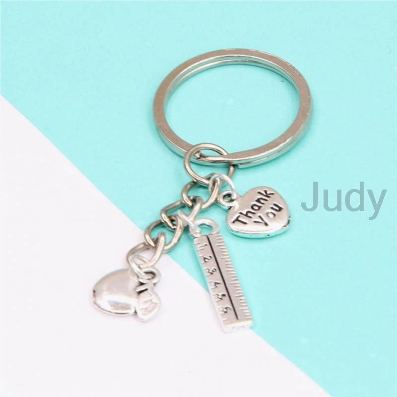 Teacher Keyring With Apple Ruler And Thank You Heart For Silver Tone