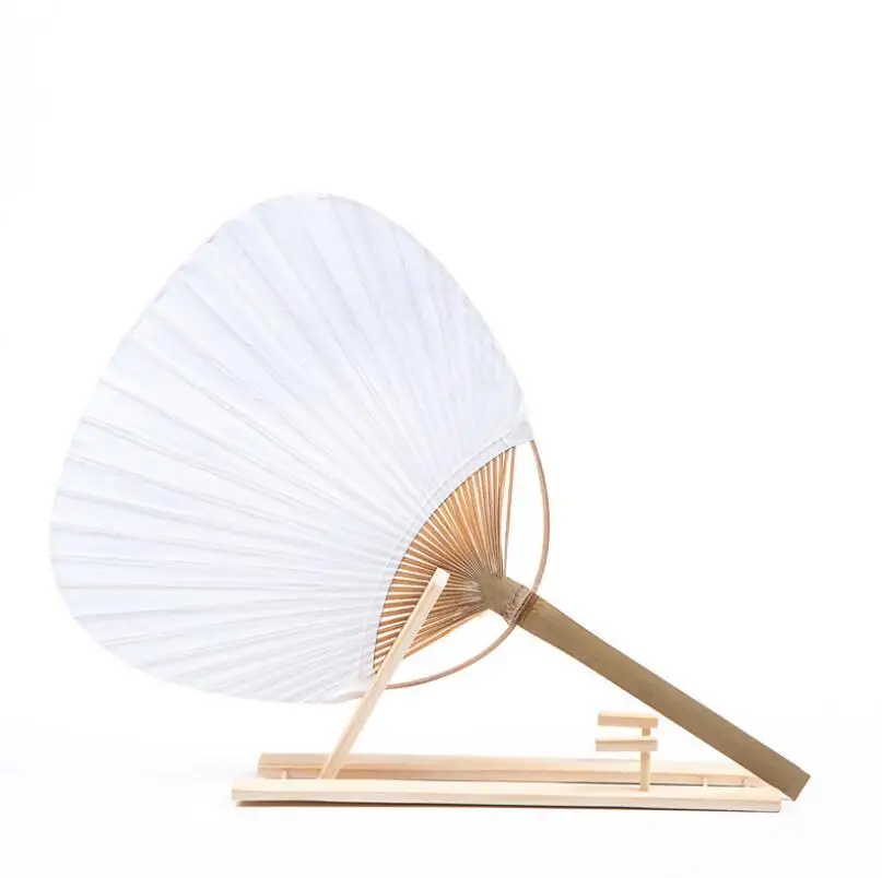 Large Paper Fan with Bamboo Handle Two Sided Blank Fans DIY White Round Hand Fans LX6985