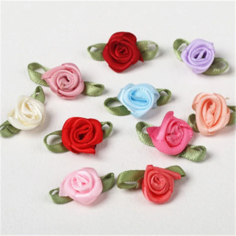 120mm 50pcs/lot Handmade Satin Rose Ribbon Rosettes Fabric Flower Bow Appliques Wedding Decor Craft Sewing Accessories DIY