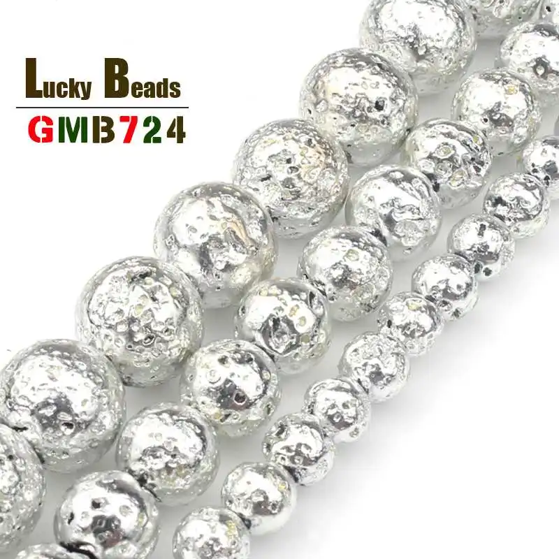 Natural Silver Plated Volcanic Lava Beads Round Stone Beads For Jewelry Making DIY Bracelet Accessories 15\'\' 4/6/8/10mm