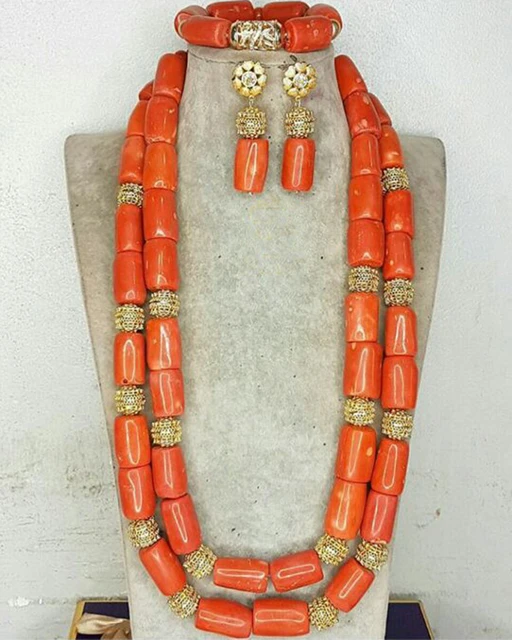 Quality Real Coral Beads Bridal Necklace Bracelet Earrings Set 24 inches Long Necklace Nigerian Wedding Coral Beads CNR716