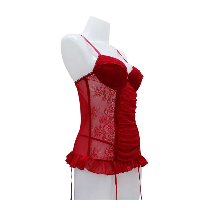 Christmas Women Corsets Sexy Lace Underwear With  Underwire Cup Bra Ruffles Red /Black Underwear sets thong S M L XL   NO.JL141