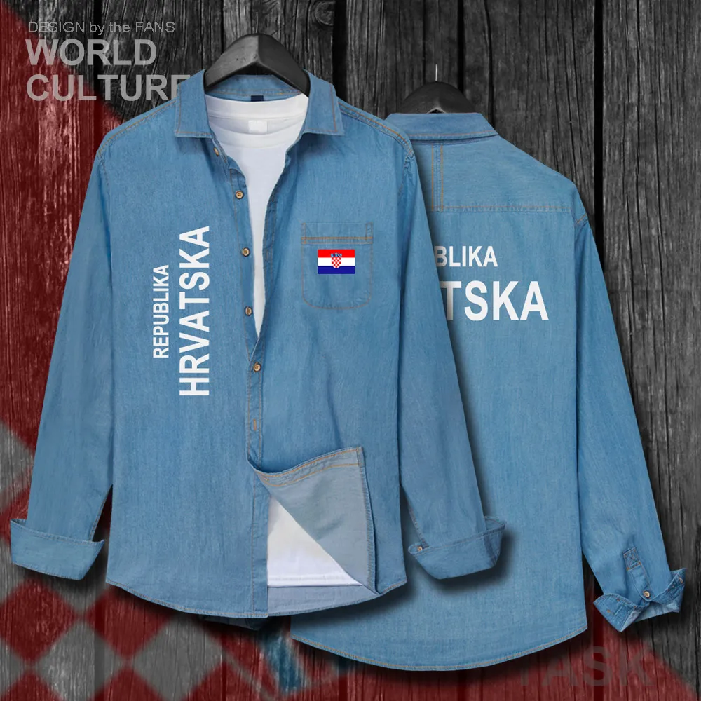 

Croatia Hrvatska Croatian HRV Croats Men Clothes Spring Autumn Turn-down Collar Jeans Shirt Long Sleeve Cowboy Coat Flags Tops