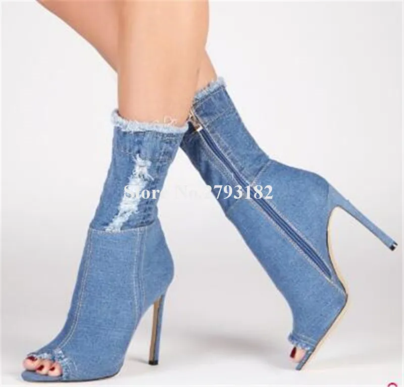 Women Sexy Fashion Peep Toe Stiletto Heel Slim Denim Gladiator Short Boots Cut-out Blue Bandage High Heel Ankle Booties
