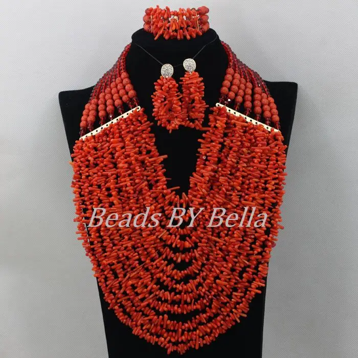 Chunky Layered African Wedding Beads Red Nigerian Coral Beads Necklace Jewelry Set Indian Bridal Jewelry Free Shipping ABF210