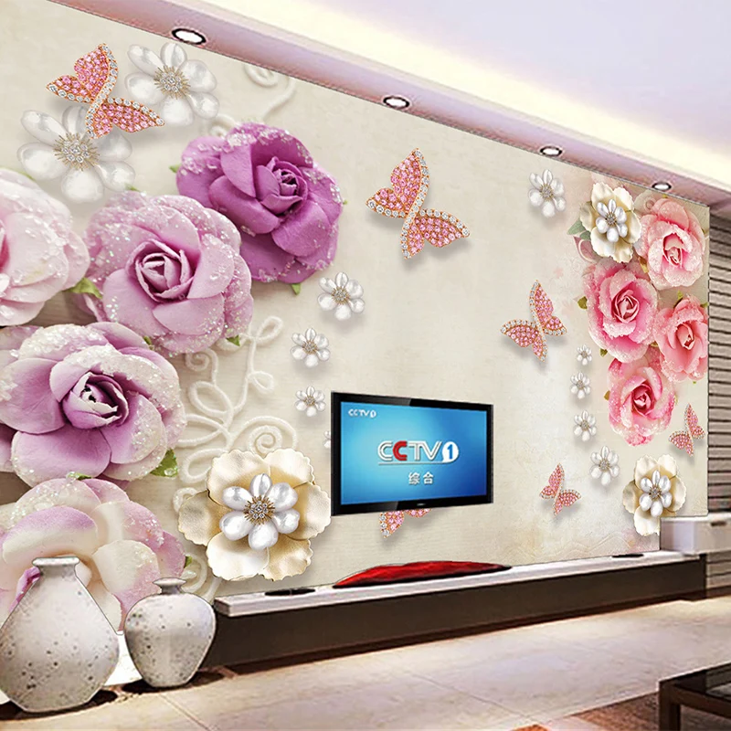 

Custom Wall Cloth Modern 3D Stereo Pink Butterfly Flower Diamond Jewelry Photo Murals Wallpaper Living Room TV Home Decor Fresco