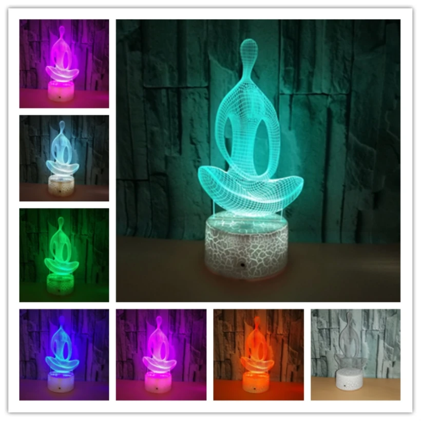 Creative 7 Color Flashing Acrylic 3D Meditation Yoga Night Light USB Crack Base Meditator Gradient LED Bedroom Sleeping Lamp