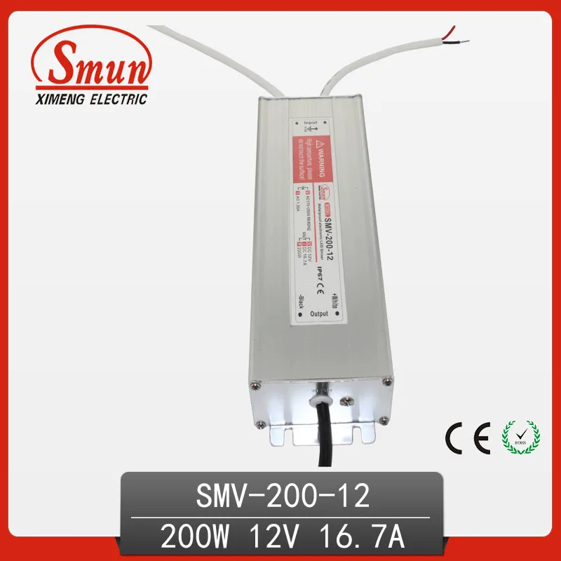 200W 12V 16.7A Outdoor Waterproof IP67 Switching Led Driver Led Power Supply With CE RoHS SMV-200-12