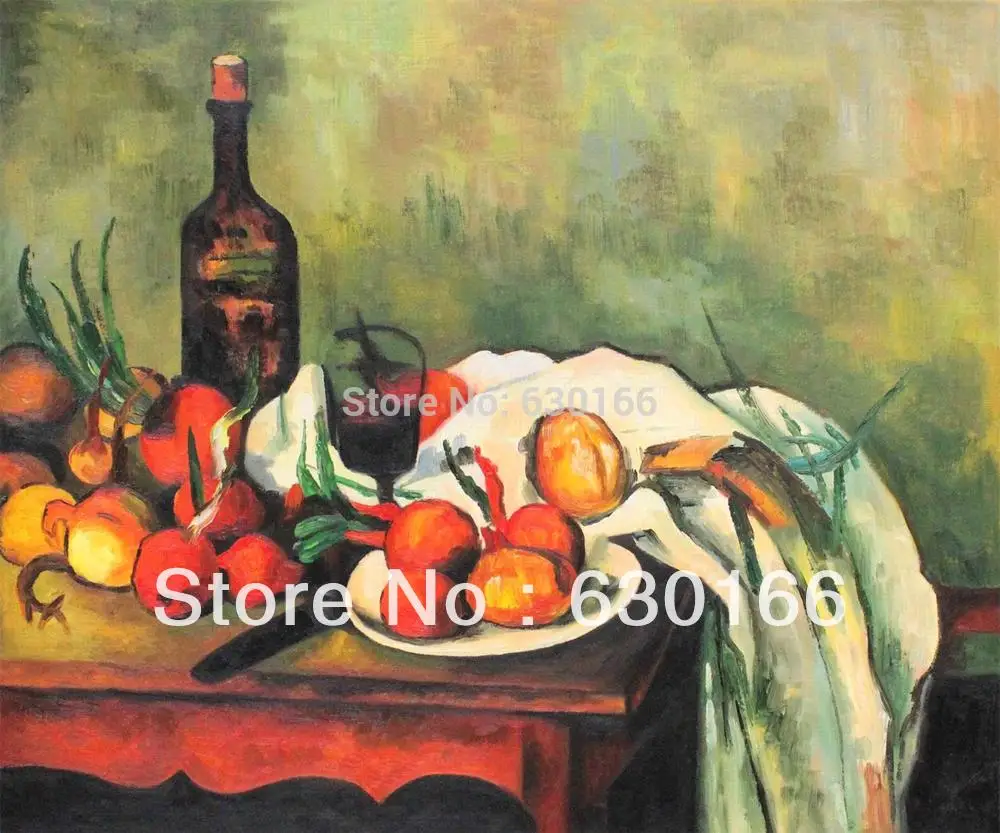 

Hand Painted Oil Paintings - Still Life with Onions and Bottle by Paul Cezanne Still Life Fruit Painting Horizontal