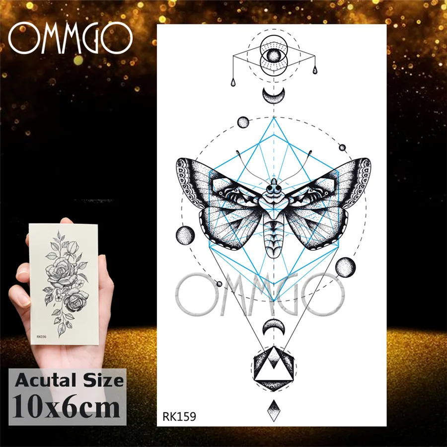 OMMGO Geometric Butterfly Moth Pendant Temporary Tattoos Sticker Anchor Diamond Circle Rhombus Tatoos Body Art Black Fake Tattoo